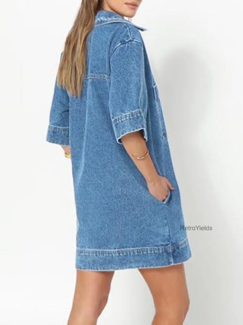 Denim Mini Dress Shift Silhouette Deep V Neck Short Sleeve Casual Staple - Picture 3 of 7